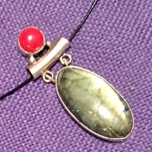 Sterling Silver Flashing Labradorite and Coral Pendant Natural Stones